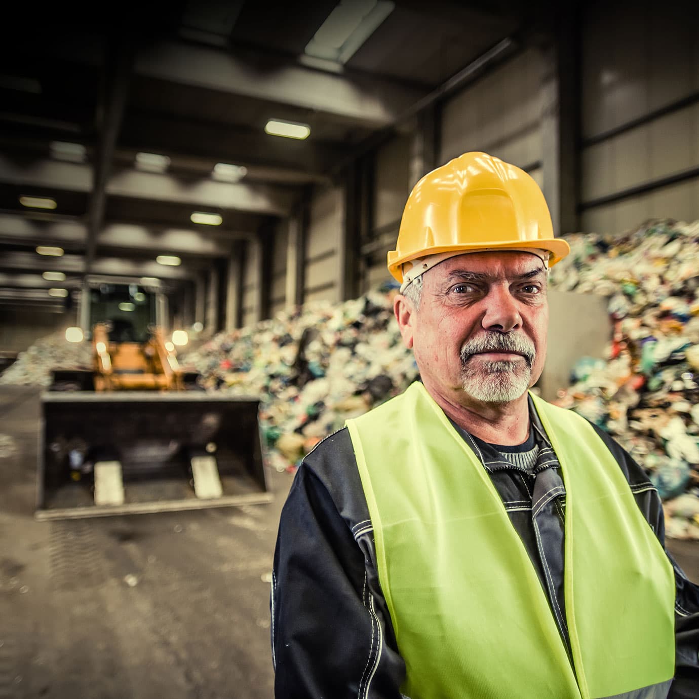 Man standing in front of waste disposal area and bulldozer